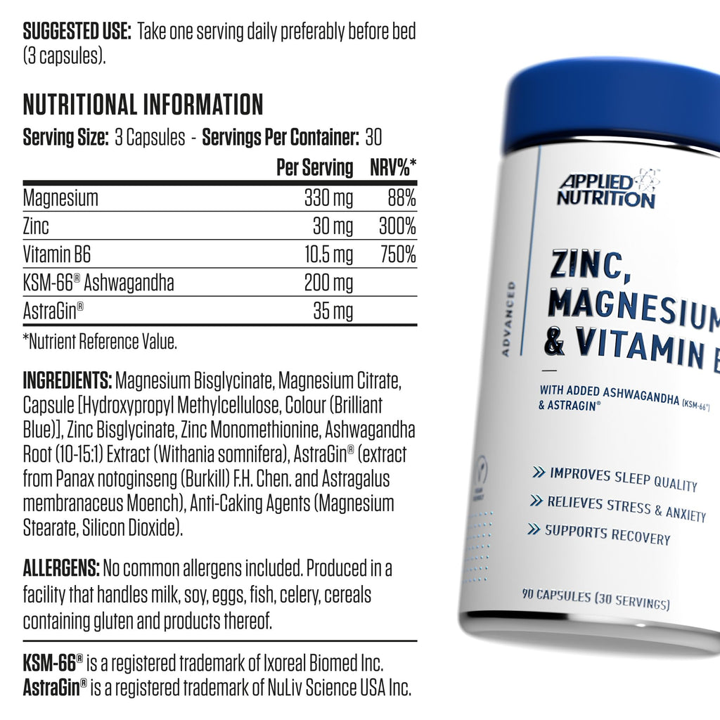 Applied Nutrition Zinc, Magnesium & Vitamin B6 (ZMA) – 90 Capsules