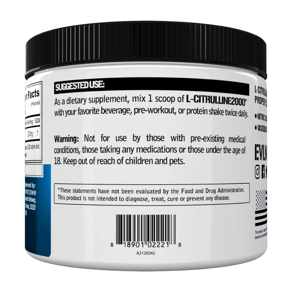 EVL, L-Citrulline 2000, Unflavored, 200g, 100 Servings