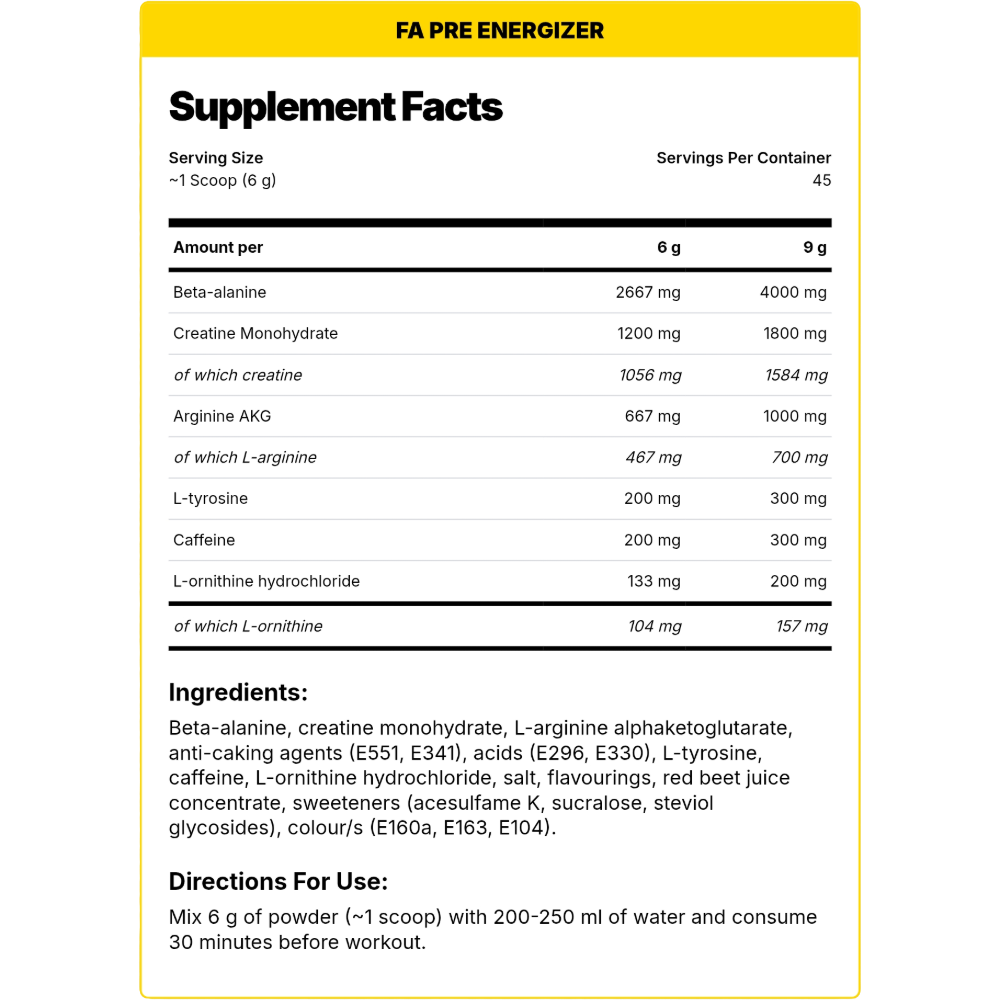 FA Nutrition, Pre Energizer, 270g, 45 Servings