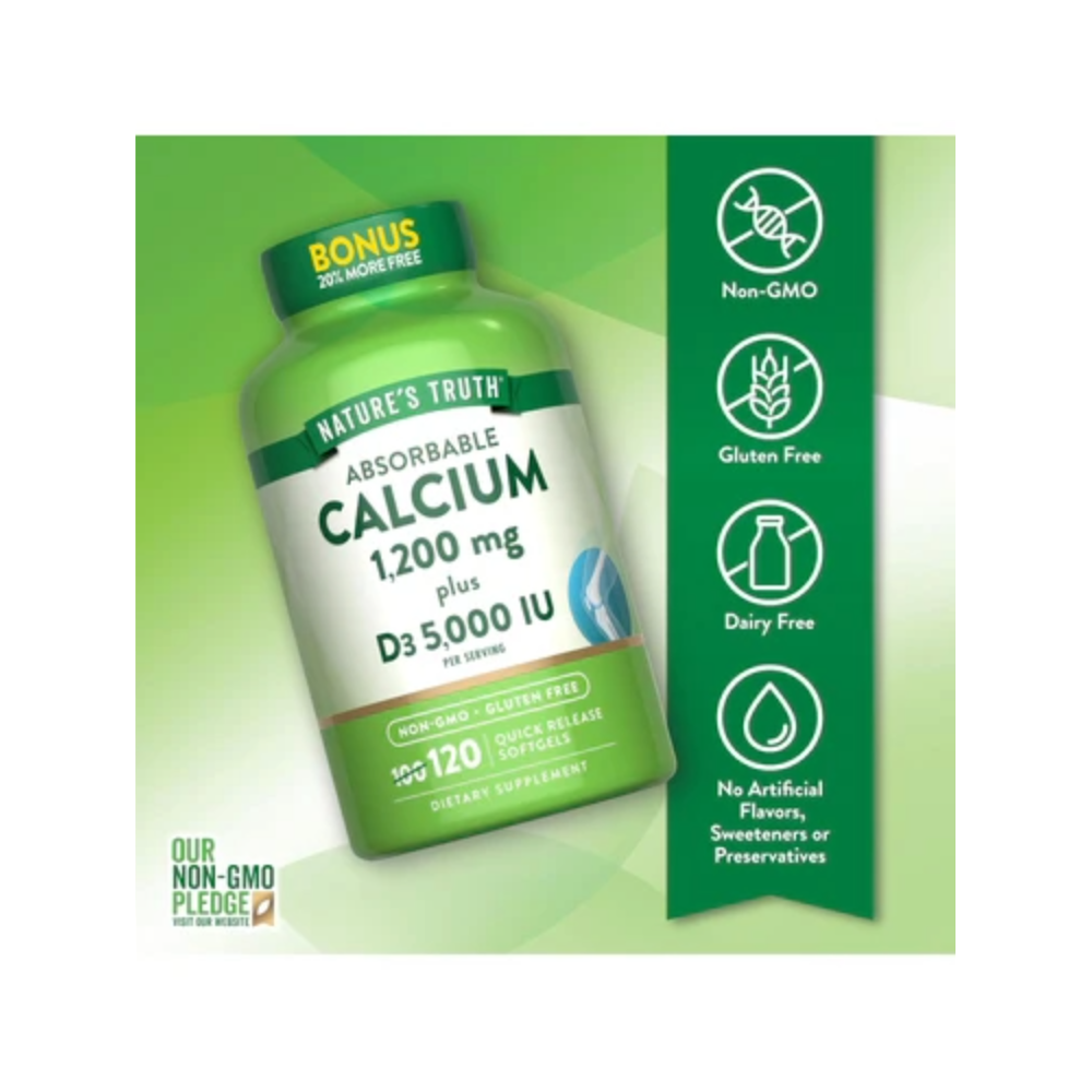 Nature’s Truth, Calcium 1200 mg with Vitamin D3 5000 IU, 120 Softgel, 60 Servings