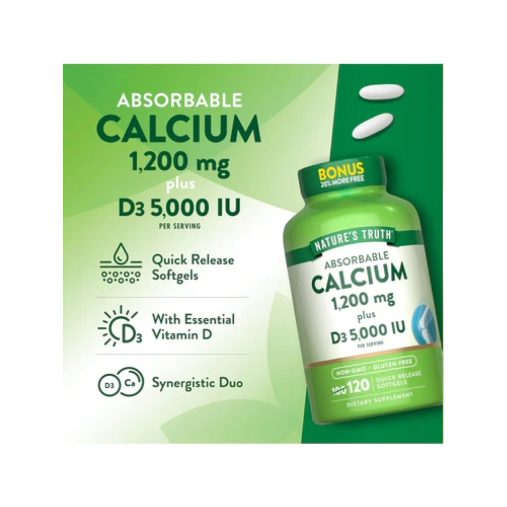 Nature’s Truth, Calcium 1200 mg with Vitamin D3 5000 IU, 120 Softgel, 60 Servings