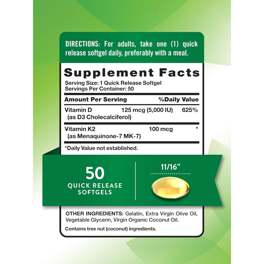 Nature’s Truth, Ultra K2 100mcg + D3 5000IU, 50 Quick Release Softgels, 50 Servings