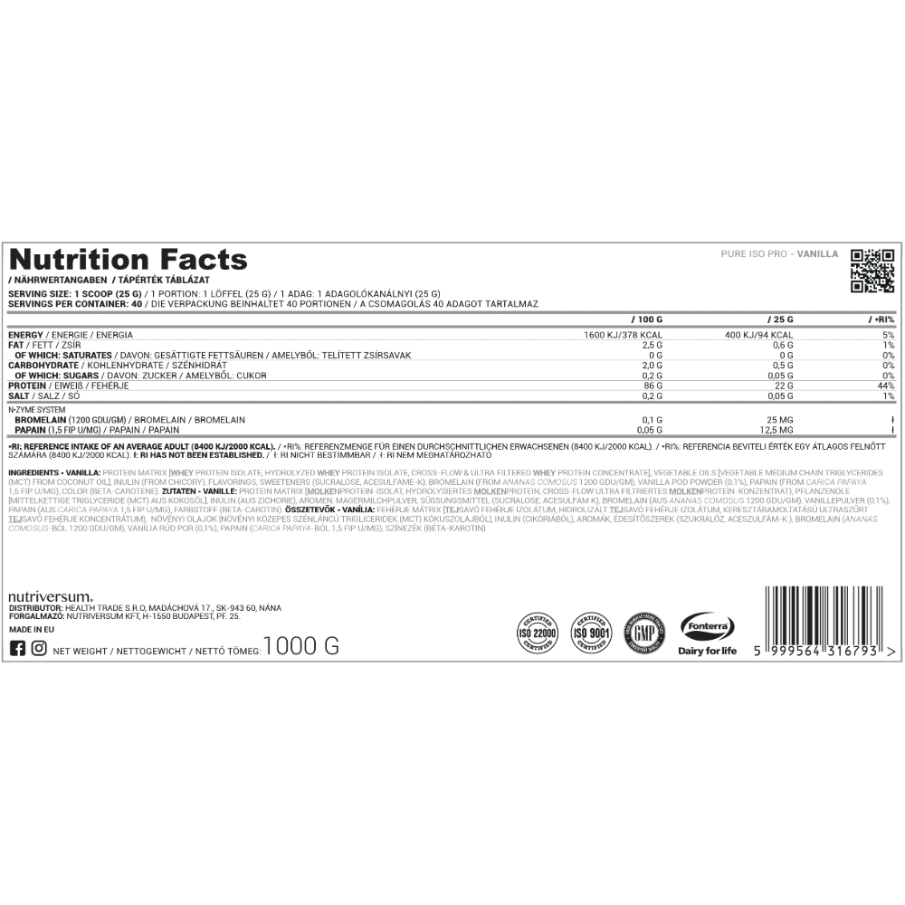 Nutriversum, Iso Pro Pure, 1kg, 40 Servings