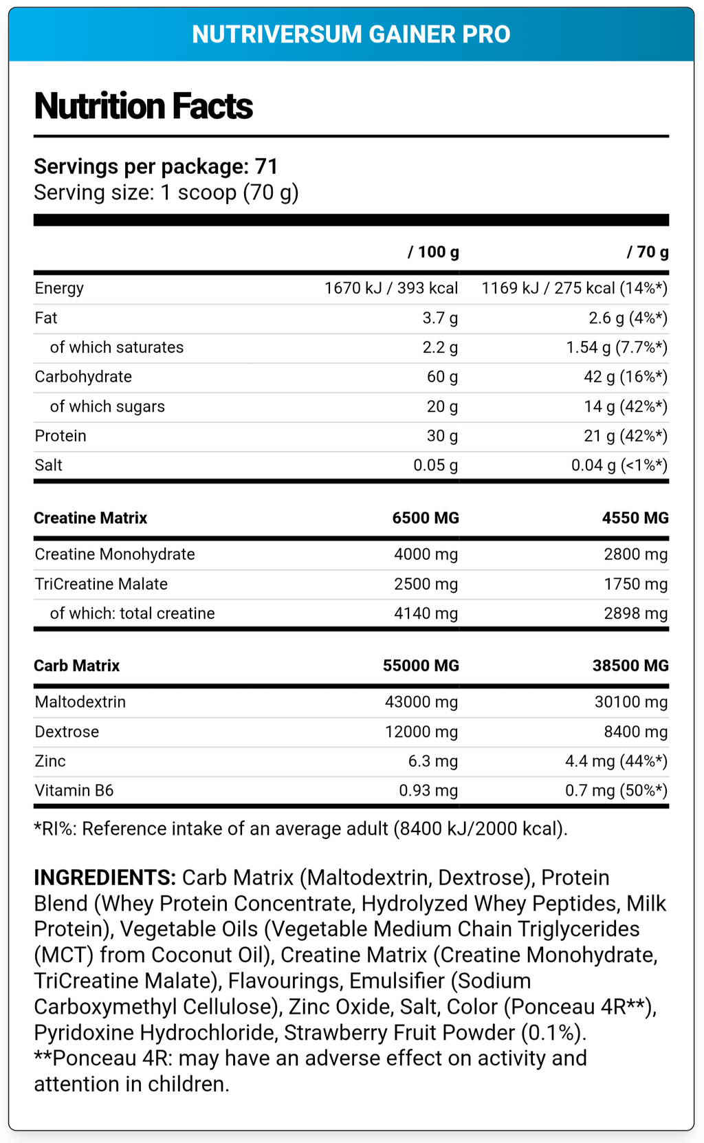 Nutriversum, gainer pro, 5KG, 71 Servings