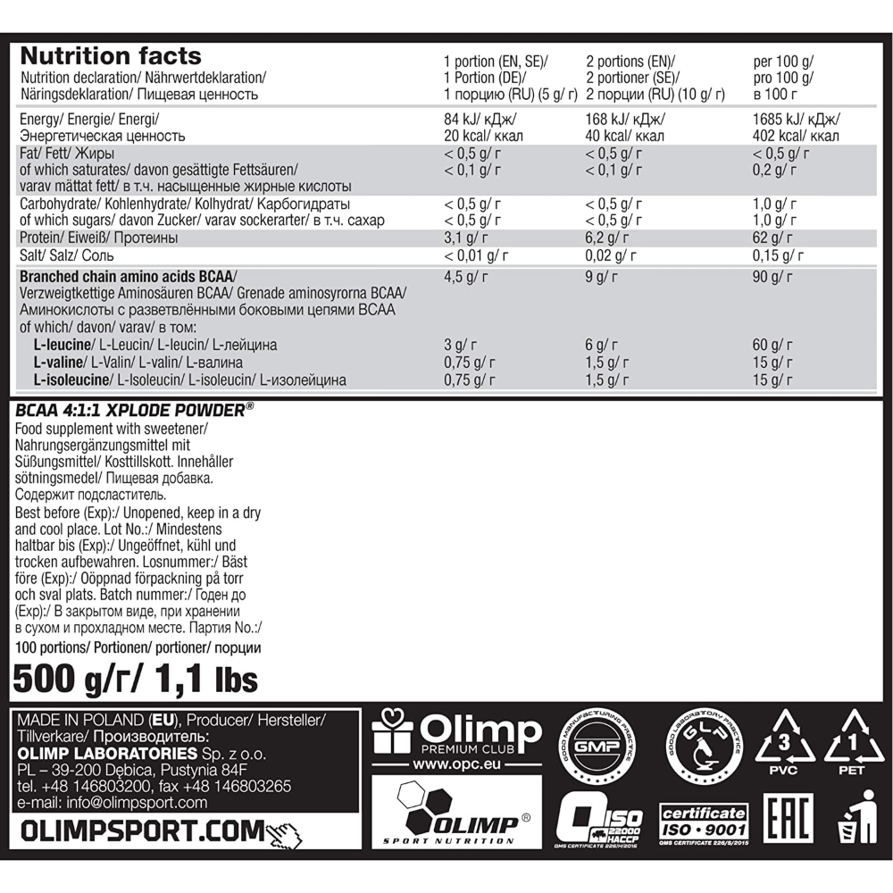 Olimp, BCAA 4:1:1 Xplode, 500g, 100 Servings