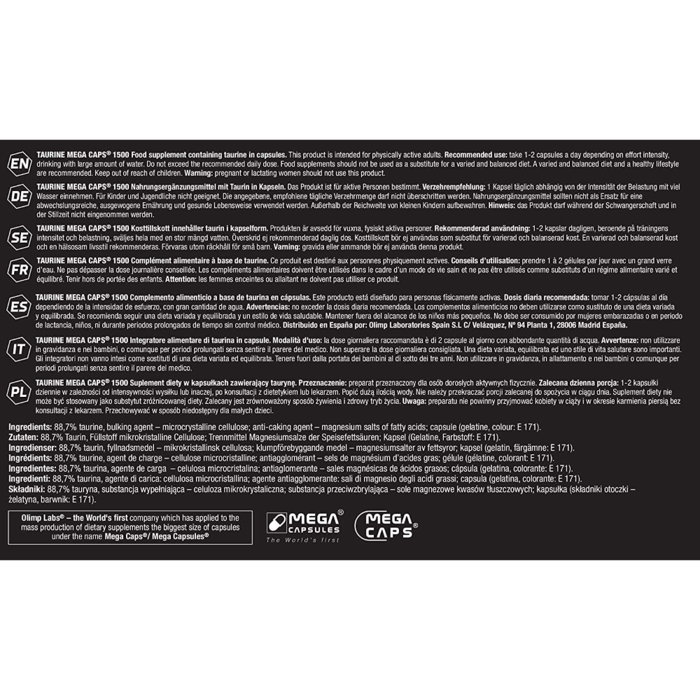 Olimp, Taurine Mega Caps 1500, 120 Capsules, 120 Servings